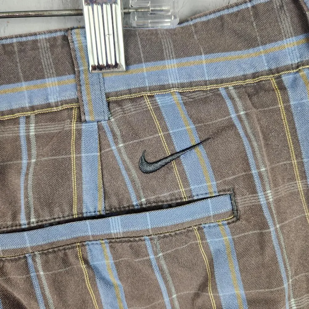 Vintage Nike Golf Shorts Mens 40 Brown Blue Plaid Performance Lightweight Logo